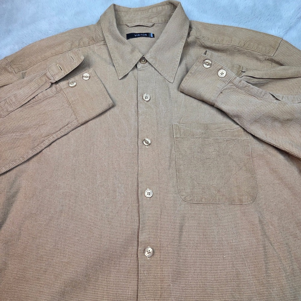 Visitor Silk Button Down Shirt Mens XL Tan Textured Long Sleeve Ribbed Luxury‎